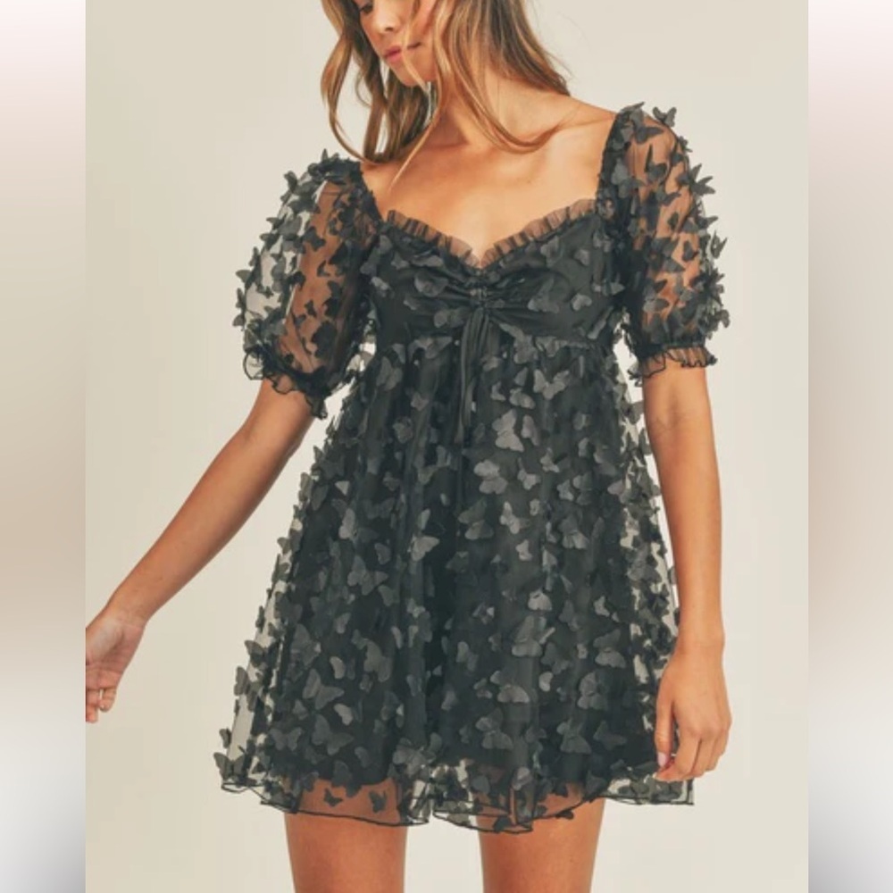 THIRTY THIRTY LA BLACK SHEER BUTTERFLY PUFF SLEEVE BABYDOLL MINI DRESS SIZE MED